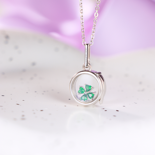 Necklace set | Small Round Locket Necklace Silver w Clover Charm